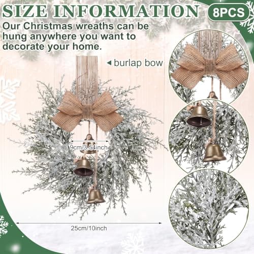 Civaner 8 Pcs 10" Mini Christmas Cabinet Wreaths with Bells and Ribbon