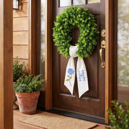 Boxwood Wreath for Front Door Spring Summer Wreaths Farmhouse Hanger,Last Name Initial Year Round Porch Decor,20 inch Multi Occasion use Wreath with Personalized Monogram sash Embroidered - (H)