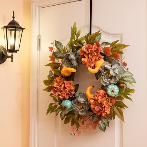 DecorbyHannah 24'' Fall Wreath for Front Door with Lights & Peony Hydrangea
