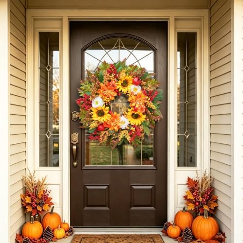 Fall Wreaths for Front Door, 24 Inch Autumn Wreath Luxury Harvest and Thanksgiving Indoor & Outdoor, Fall Door Wreath with Dahlias, Sunflowers,Peony&Pumpkins, Fall Wreath for Outdoor Wreaths