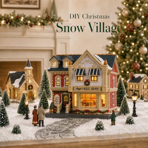 MUMTOP Ceramic Christmas Village Houses, Lighted Music Shoppe Village House
