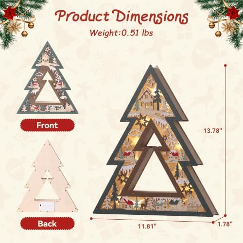 Wooden Christmas Tree Lighted Tabletop Decor, Xmas Winter Village Ornament