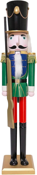 Large Christmas Nutcracker Soldier 35 Inch/2.9Ft Wooden Nutcracker Figures Decor Xmas Nutcracker Welcome Centerpieces for Indoor Outdoor Floor (Gun-Green)