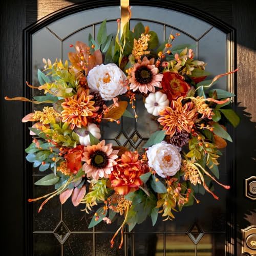 24 Inch Harvest Fall Wreaths for Front Door Outside with Sunflowers,Peony