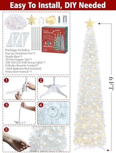 HMASYO 6 FT Pop Up Tinsel Christmas Tree with 100 LED Timer Lights & Remote, White Collapsible Artificial Pencil Tree with Snowflake Ornaments Xmas Decoration for Home, Office, Party, USB Powered