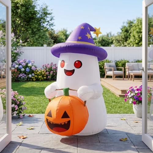 5 FT Halloween Inflatables Decor, Cute Inflatable Ghost with Pumpkin, Built-in 2 LEDs for Halloween Garden, Patios & Indoor Parties Party Decoration