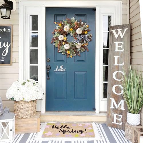 WANNA-CUL 24 Inch Farmhouse Fall Wreath for Front Door with White Pumpkins