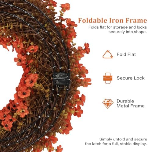 24" Orange Fall Wreath for Front Door, Artificial Mums Autumn Wreath