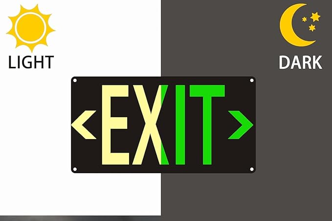 Photoluminescent Exit Sign Black, 14.25"x 7.5" Glow In The Dark Exit Signs Aluminum with 8pcs Removable Directional Arrows and Strong Adhesive Backing,Easy to install, 4Pack