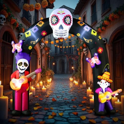 DomKom 8FT Halloween Inflatable Blow Up Decorations Archway, Day of the Dead Inflatable Arch, Dia De Los Muertos Yard Decorations, Sugar Skull Guitar Skeleton, Built‑in LED Lights, Outdoor Lawn Garden