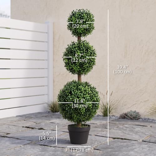 HOMCOM Artificial Triple Ball Boxwood Topiary Trees Outdoor 40" Set of 2
