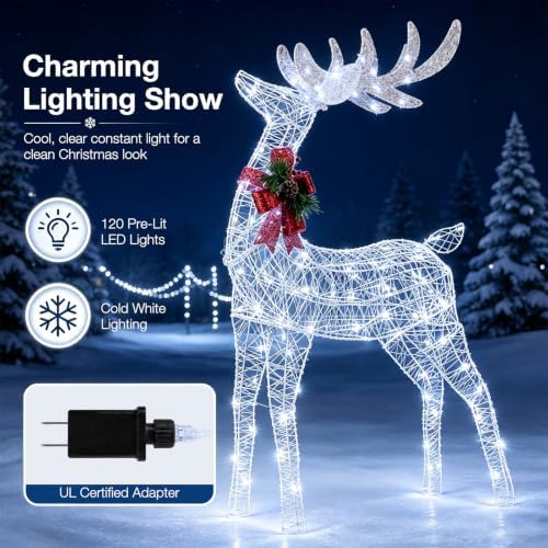 Tangkula 4.4 FT Christmas Lighted Reindeer, Outdoor Christmas Decorations
