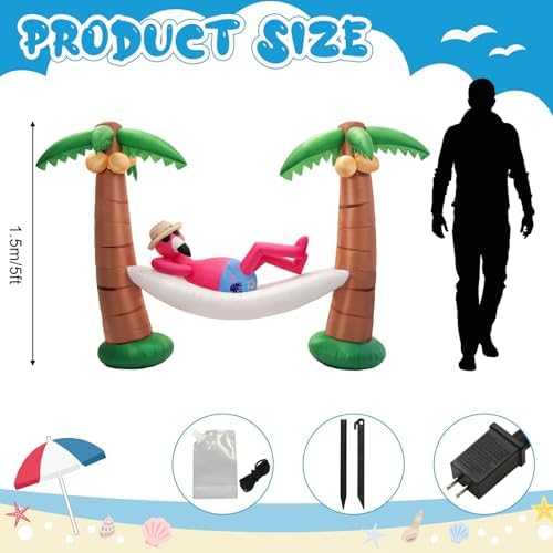 Shappy 5ft Inflatable Palm Tree, LED Lighted Flamingo Hammock Yard Decor