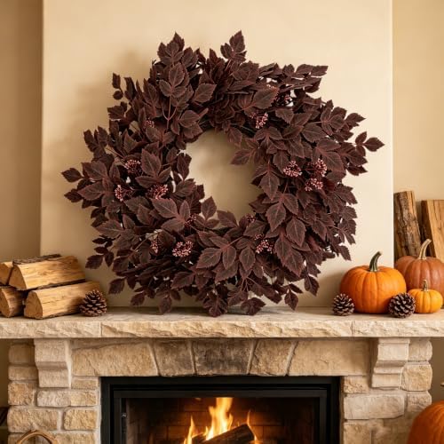 GIAUMA 26" Fall Artificial Cimicifuga Leaves Wreath for Front Door Burgundy