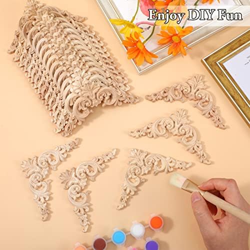 Remerry 60 Pcs Wood Applique Onlays and Wood Corner Decorative Furniture Appliques DIY Unpainted Wooden Carved Corner Decal for Home Furniture Wall Decor, 3.94 x 3.94 Inch