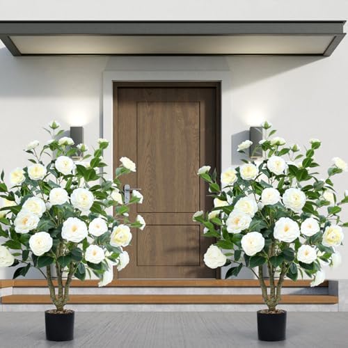 Artificial Camellia Tree 2 Pack 42" with 32 Blooming Flowers in Pot White