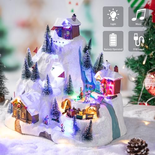 VCUTEKA Christmas Village Collectible Building, Snowy Mountain with Ski Slopes and Revolving Train Lighted Musical Village Addition to Your Christmas Indoor Decor
