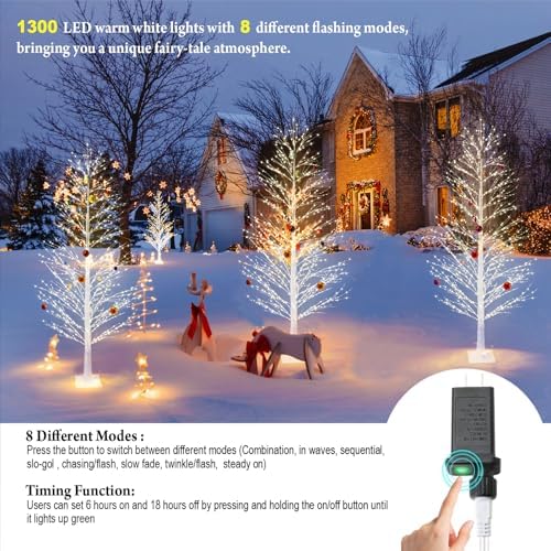 6FT Enchanting Birch Tree with 1300 LED Lights, Twinkle Light White Christmas Tree with Timer IP44 Waterproof for Indoor Outdoor Festival Wedding Party Christmas Decorations