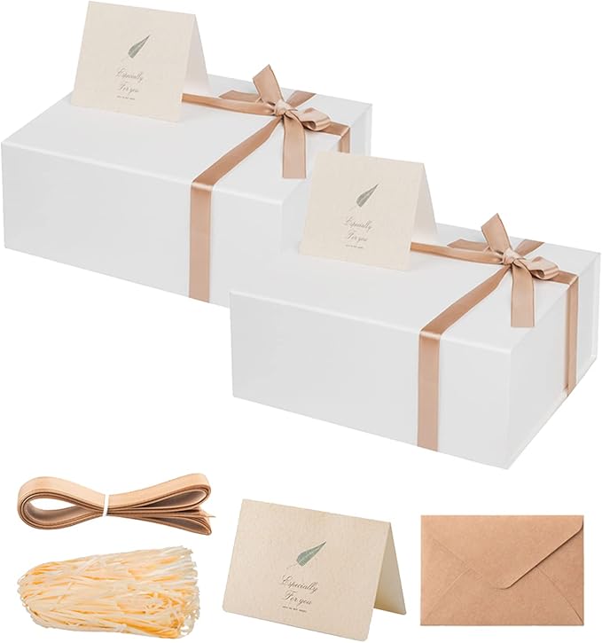 LIFELUM White Gift Boxes 2 Pack 13.85 x 8.35 x 4.45 Large Gift Boxes with Magnetic Lid Wedding Box for Presents Contains Card, Ribbon, Shredded Paper Filler Box for Gift