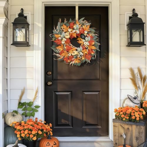 Realistic Fall Wreath with Lights/Timer 24 inch Fall Wreaths for Front Door with Pumpkins Autumn Wreath for Thanksgiving Outdoor Indoor Farmhouse Harvest Fall Decorations for Home Porch Decor