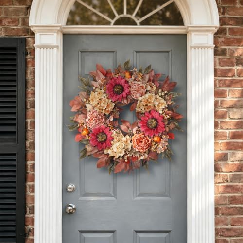 24"Fall Artificial Wreath with Sunflower Peony for Front Door Decor(Orange)