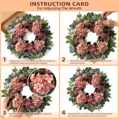 WANNA-CUL 24 Inch Pink Hydrangea Spring Wreath for Front Door