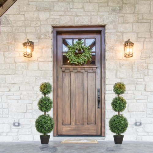 HOMCOM Artificial Triple Ball Boxwood Topiary Trees Outdoor 40" Set of 2