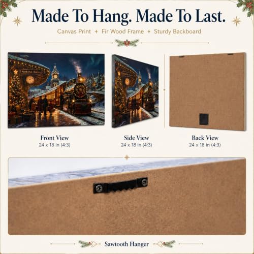 christmas lighted canvas wall art, north pole train, front angle view