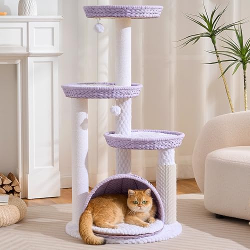 HITTITE Modern Cat Tree Tower with Scratching Post, 46 Inches Tall Cat Towers with Woven Cat Nests and Cave, Multi-Level Cat Tree With Removable Cushions and Massage Brush for Indoor Cats Large Adult.