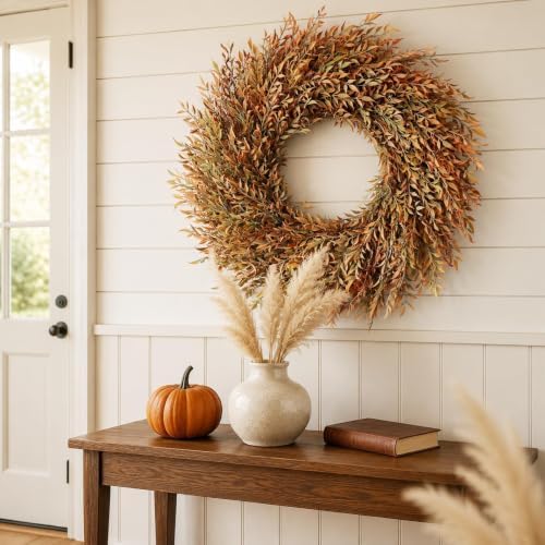 26" Artificial Fall Nandina Wreath for Front Door Decoration (Orange-Green)