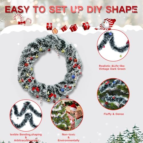 NQN 5 Pack 250Ft Greenery Garland with Snow, Dark Green Snowflake Dots, Artificial Christmas Pine Streamers for Indoor/Outdoor Decorations
