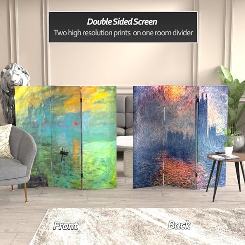 Red Lantern Double Sided Works of Monet Canvas Folding Screen - Impression Sunrise/Houses of Parliament, 4 ft Short - 3 Panel