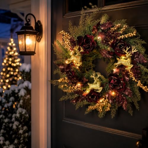 Svndlyn 22 Inch Lighted Burgundy Christmas Wreath with Timer and Reindeer