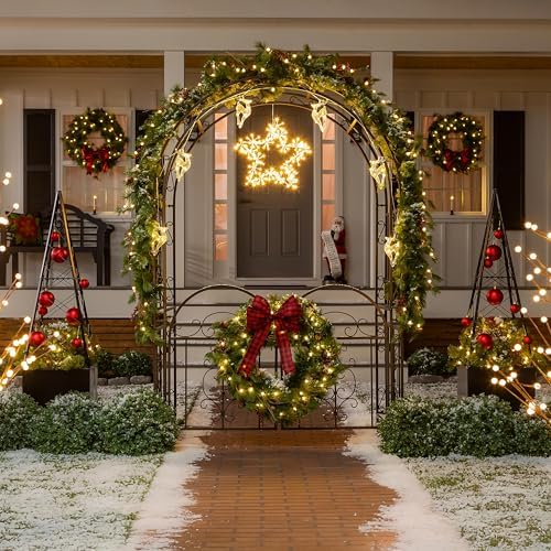 Plow & Hearth Arch Metal Outdoor Garden Arbor Double Gate | Montebello | 7 Feet Tall | Gunmetal Black | Steel Iron Trellis Lattice Climbing Plants & Heavy Vines
