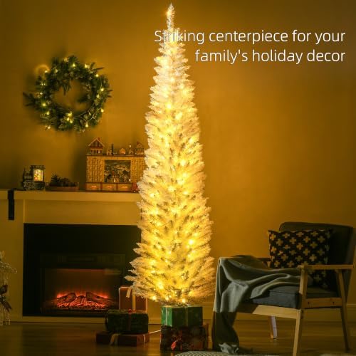 HOMCOM 7' Tall Pre-Lit Slim Noble Fir Artificial Pencil Christmas Tree
