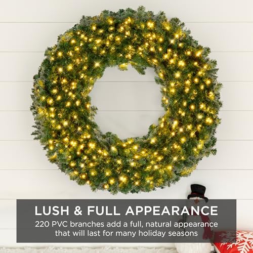 Best Choice Products 30in Large Artificial Pre-Lit Fir Christmas Wreath Holiday Accent Decoration w/ 100 LED Lights, 220 PVC Tips