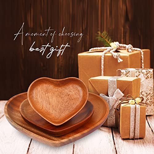 VieWood Heart Wooden Plates Set of 3 Unbreakable Classic Appetizer Plates, Easy Cleaning & Light weight for Dishes Snack, Dessert (Khaya, 4.1" & 6.3" & 8.7")