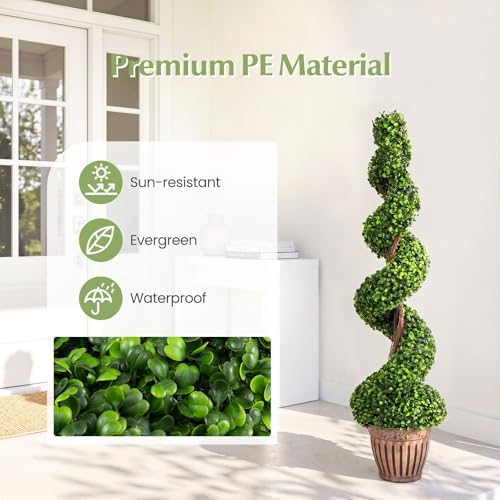 GOPLUS 4 Ft Artificial Boxwood Spiral Topiary Tree, Fake Greenery Plants, Leaves & Cement-Filled Plastic Flower Pot Decorative Trees for Porch Home Office Indoor Outdoor