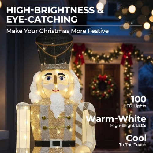 61Inch Nutcracker Christmas Decor Outdoor with LEDs 5 Feet Lighted Large Nutcracker Lighted Christmas Decorations Outdoor with Stakes & Zip Ties for Xmas Yard, Porch, Lawn