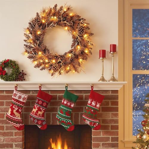 Goplus 24 Inch Pre-Lit Christmas Wreath, Battery Operated Lighted Artificial Winter Xmas Wreaths for Front Door with 105 Branch Tips, 35 Warm White LED Lights, Pine Cones, Windows Wall Mantel Decor