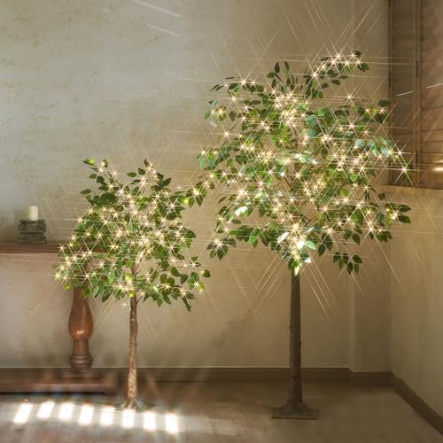 LITBLOOM Lighted Ficus Tree 6FT 264 LED Fairy Lights, Artificial Greenery Tree with Lights for Home Fireplace Living Room Decoration Inside