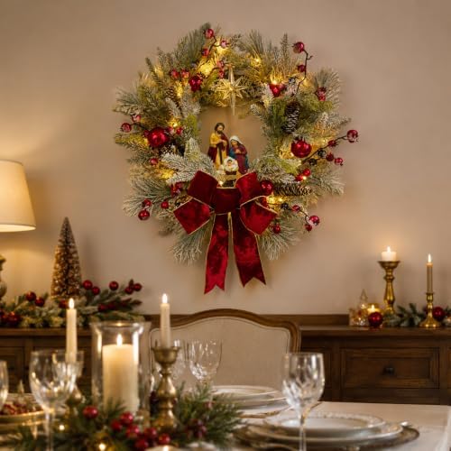 Svndlyn 22 Inch Lighted Christmas Wreath with Timer and Nativity Scene