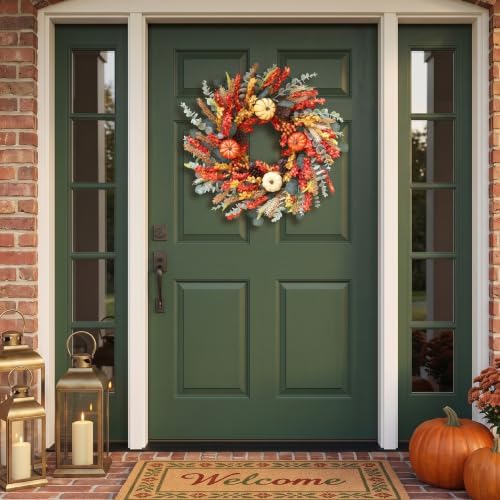 22" Fall Eucalyptus Wreaths for Front Door with Mixed Pumpkins and Berries