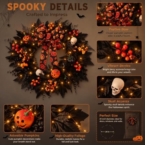 24 in Halloween Wreath for Front Door, Black Skeleton Spider Web Door Decor