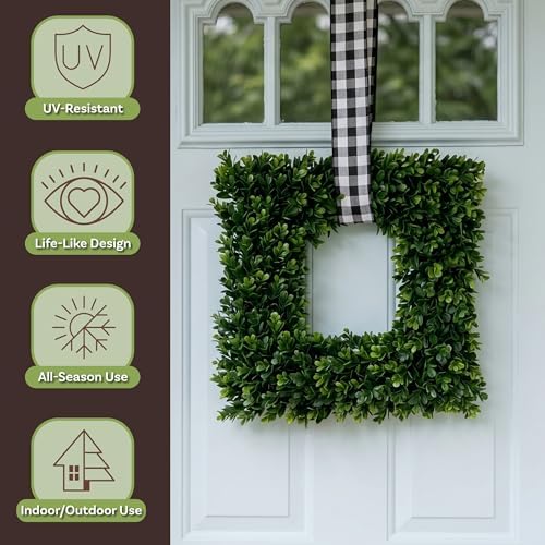 Pure Garden Square Boxwood Wreath for Front Door, Green, 16.5”