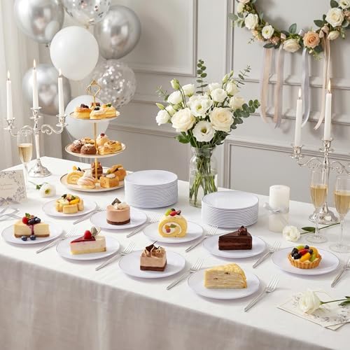 Rubtlamp 100Pcs Plastic Dessert Plates 7.5inch,100Pcs Disposable Silver Forks,White Plastic Plates With Silver Rim, Small Plastic Plates,Dessert Plates With Forks for Appetizer Cake