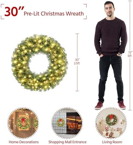 Yaheetech 30in Large Artificial Christmas Wreath, Pre-lit Holiday Accent Decoration with Red Bow, 110 LED Lights & 300 PVC Tips, Metal Structure for Door Wall & Mantel
