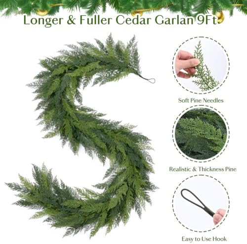 2 Pack 9FT Christmas Cedar Garland with Lights, Faux Greenery Garland