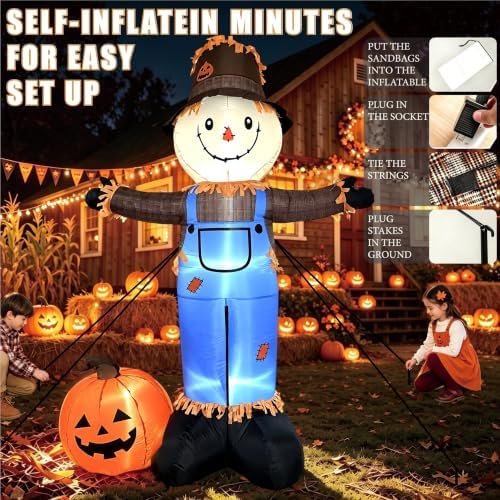 8 FT Fall Inflatables Scarecrow Decorations, Scarecrow with Pumpkin Inflatable Yard Decor Built-in LEDs,Scarecrow Blow Up Yard Decorations for Halloween Thanksgiving Fall Autumn Harvest Lawn Garden