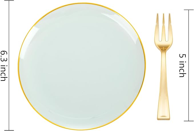 Festiva 200Pcs Pale Sage Green Gold Cake Plates 6.3" with Plastic Forks 5"- Disposable Salad Plates-Green Dessert Plates-Appetizer Plastic Plates - include 100Plates 100Forks for Party&Wedding&Easter